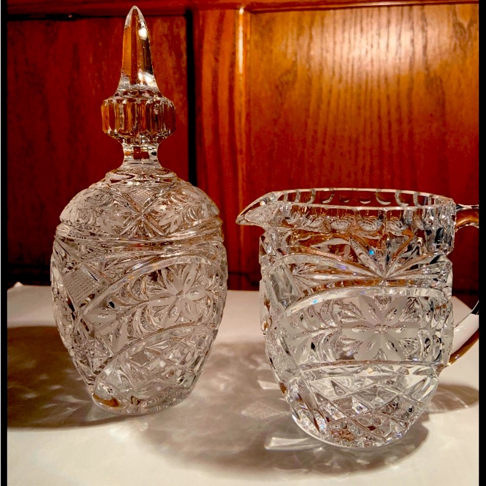 Imperlux PRIMROSE Crystal Cut Frosted Sugar Bowl w/Lid 6 3/4” Creamer 3 3/4” VTG